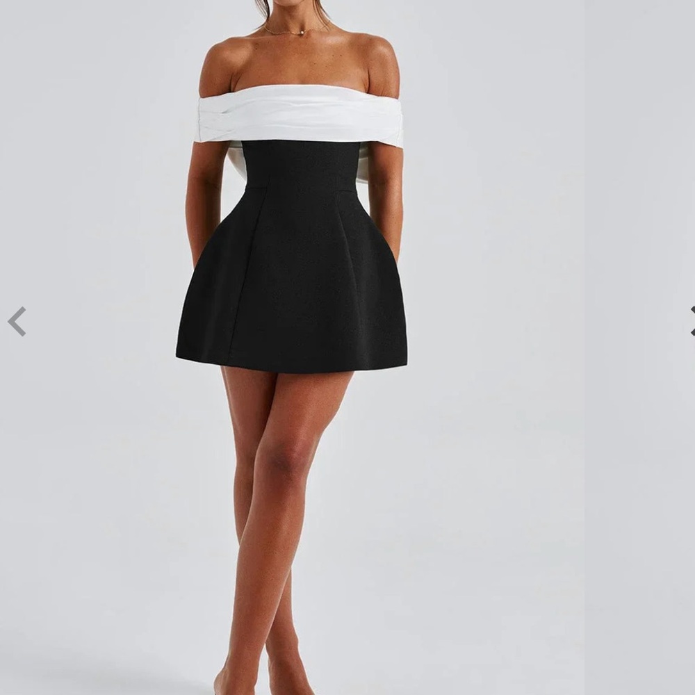 Elegant Off-Shoulder Black and White Mini Dress with Bow